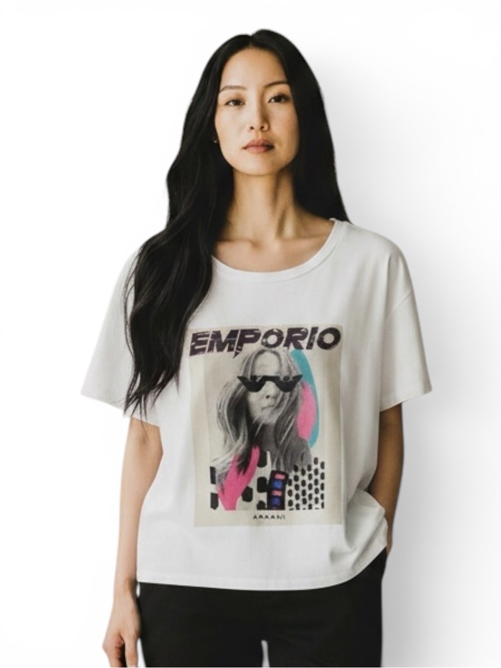 Emporio Armani White Graphic Short-Sleeve Tee With Pink & Blue Accents